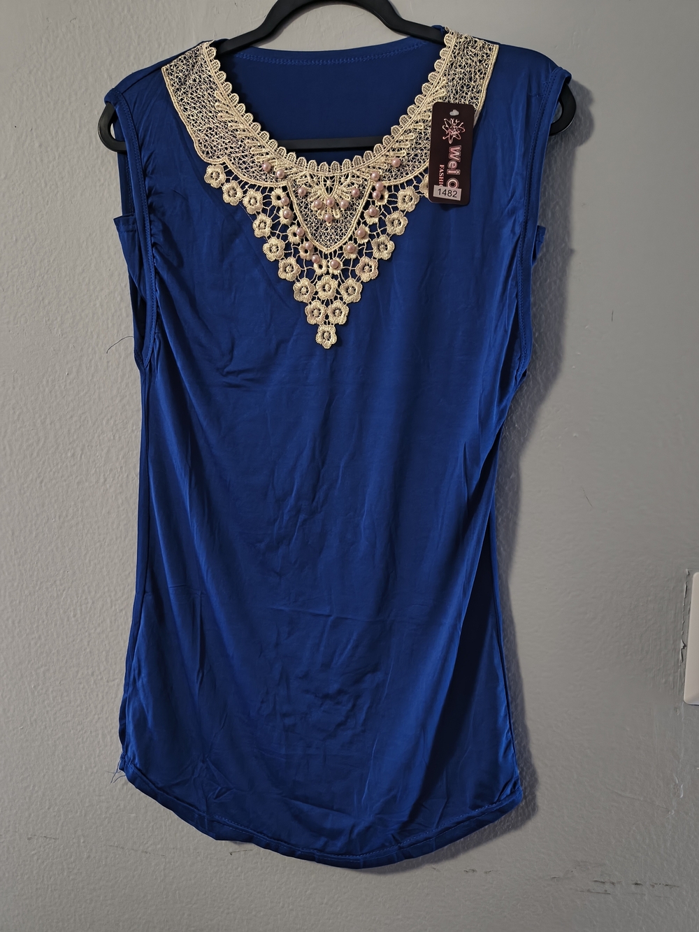 Women’s Blue Sleeveless Top with Cream Crochet Neckline